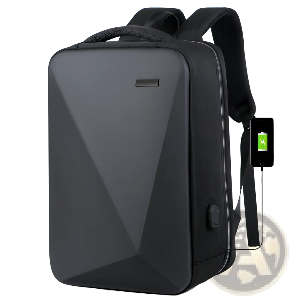 Black geometric-patterned business laptop backpack with usb charging port made of durable oxford cloth