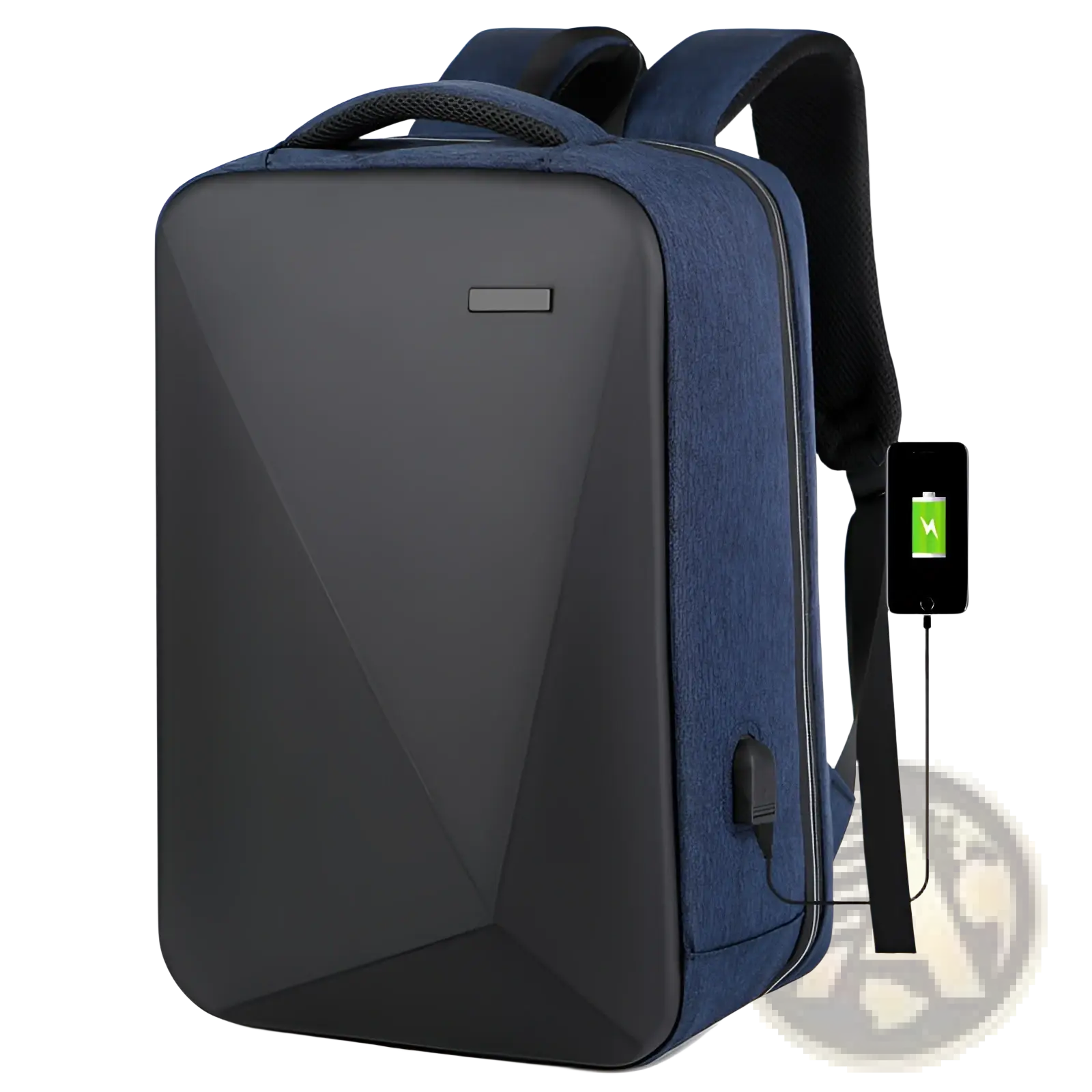 Business laptop backpack in blue and black oxford cloth with geometric pattern and built-in usb charging port
