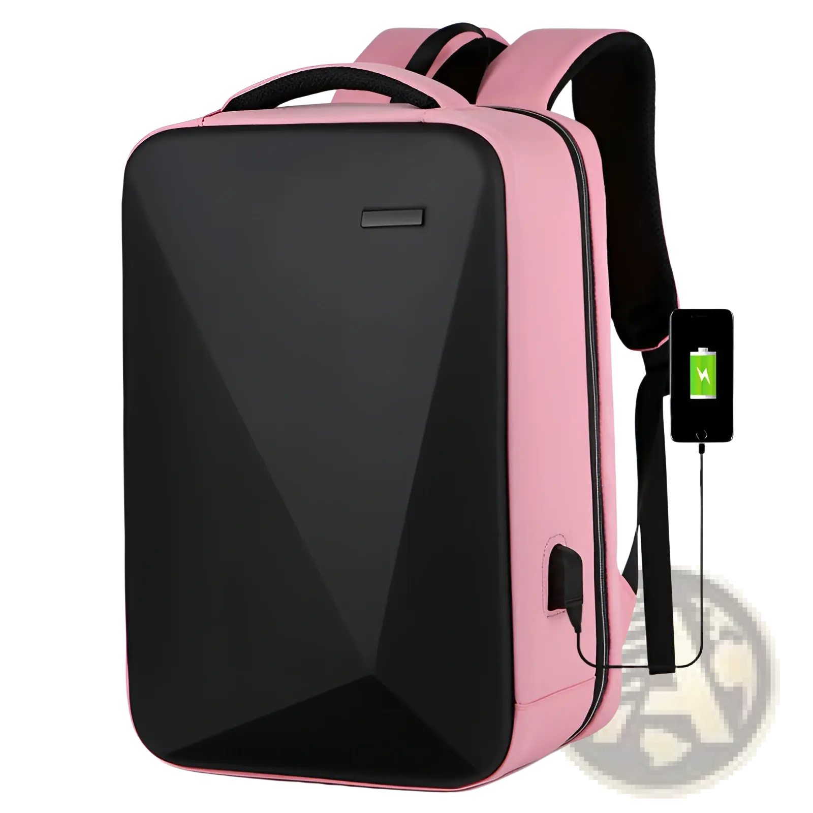Pink and black geometric laptop backpack made of oxford cloth with built-in usb charging port for business use