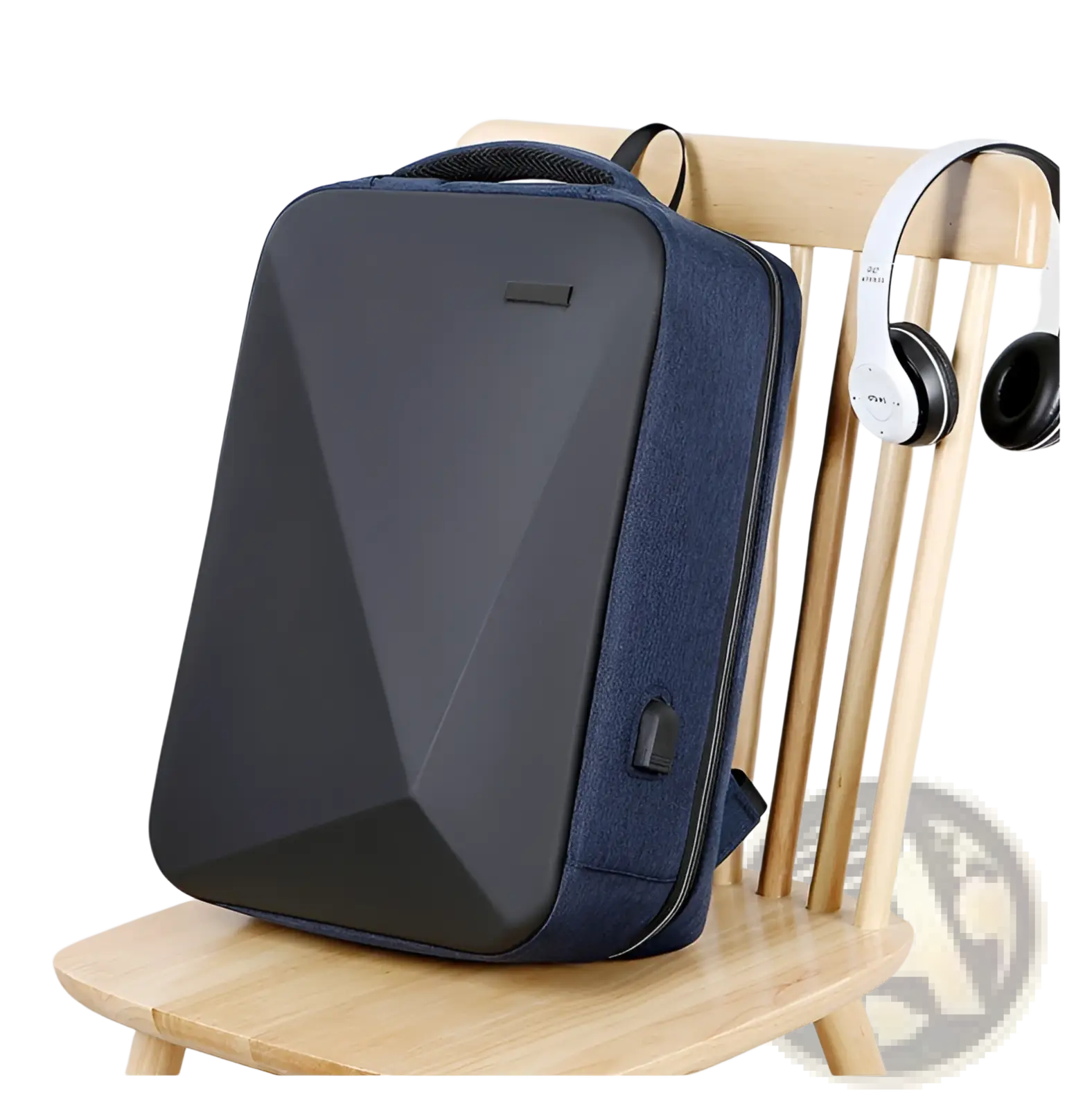Navy blue geometric-patterned business laptop backpack with black accents oxford cloth and usb charging port