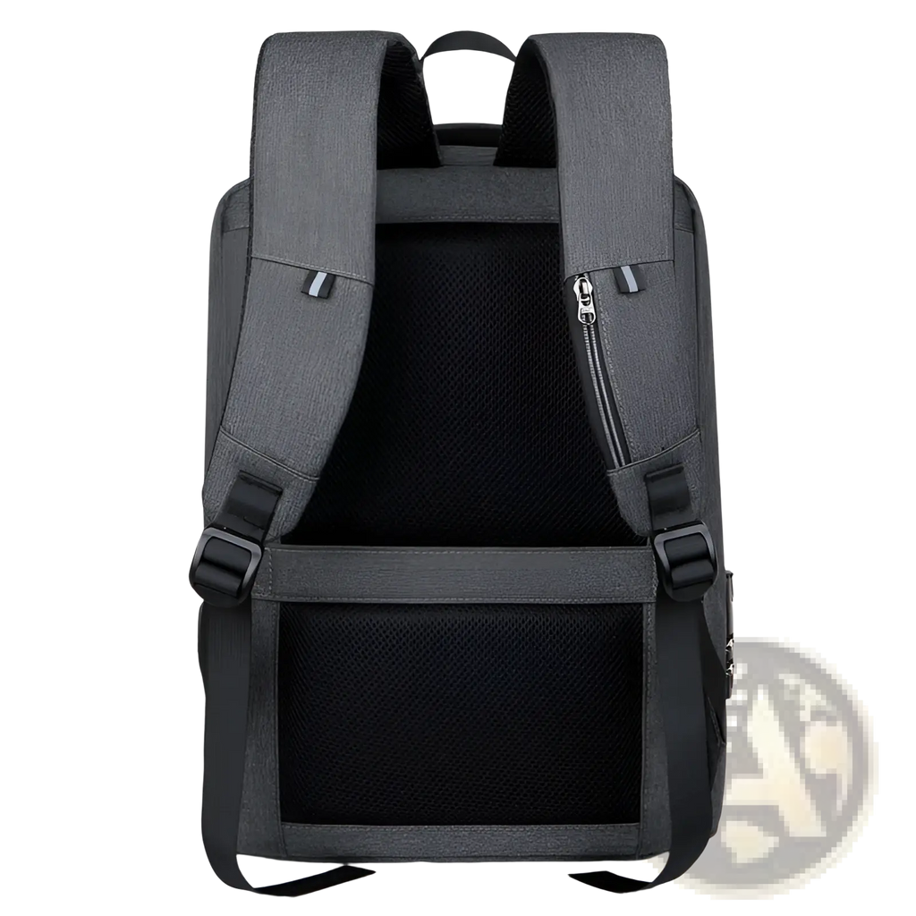 Gray textured oxford cloth business laptop backpack with black mesh panels and usb charging port