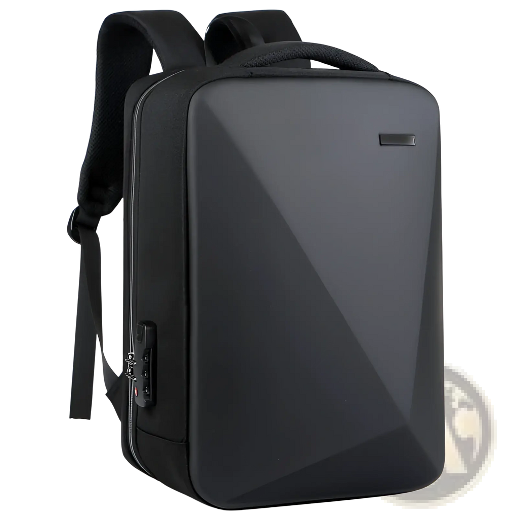 Black geometric-patterned business laptop backpack with usb charging port made of durable oxford cloth and reinforced straps