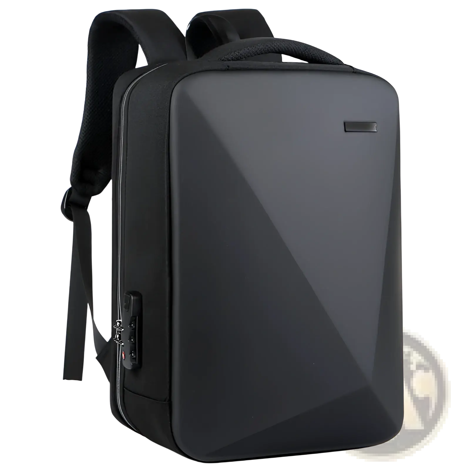Black geometric-patterned business laptop backpack with usb charging port made of durable oxford cloth and reinforced straps
