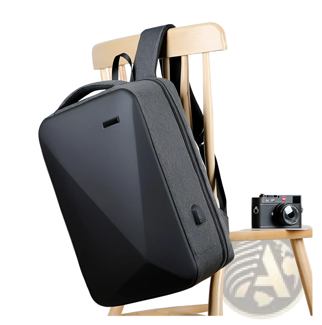 Black geometric-patterned business laptop backpack with usb charging port made of oxford cloth and textured fabric