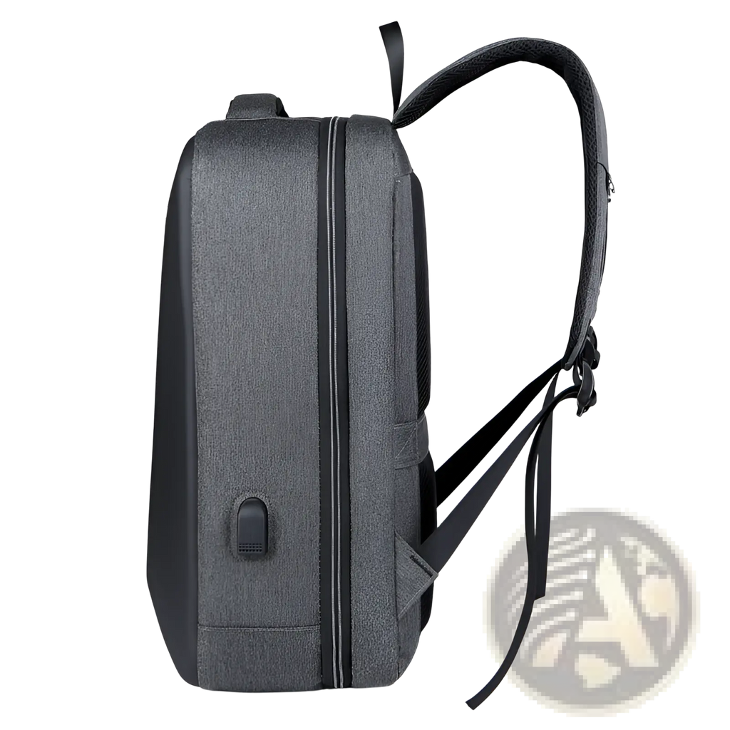 Gray textured fabric business laptop backpack with usb charging port black accents and adjustable shoulder straps
