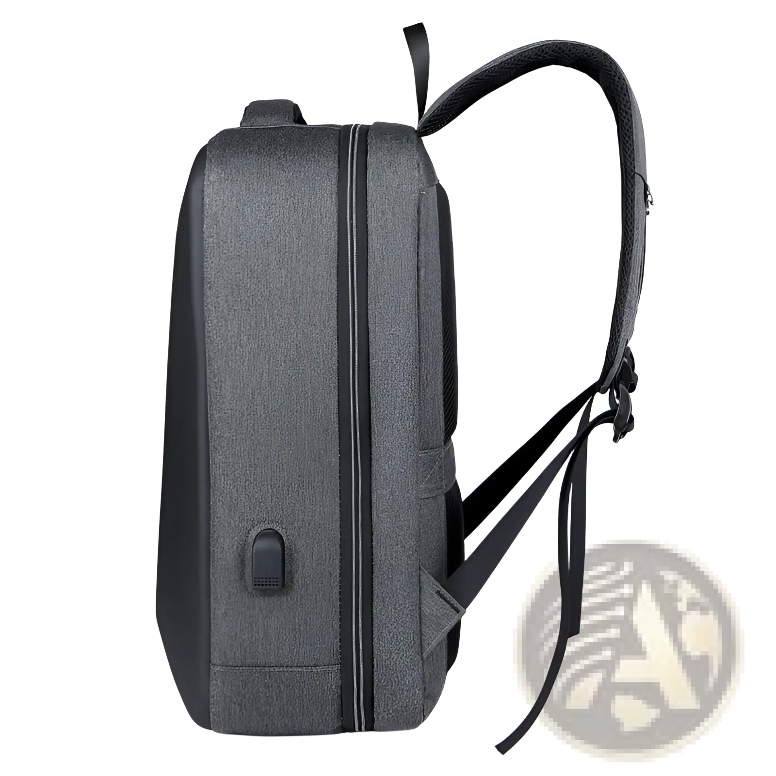 Gray textured fabric business laptop backpack with usb charging port black accents and adjustable shoulder straps