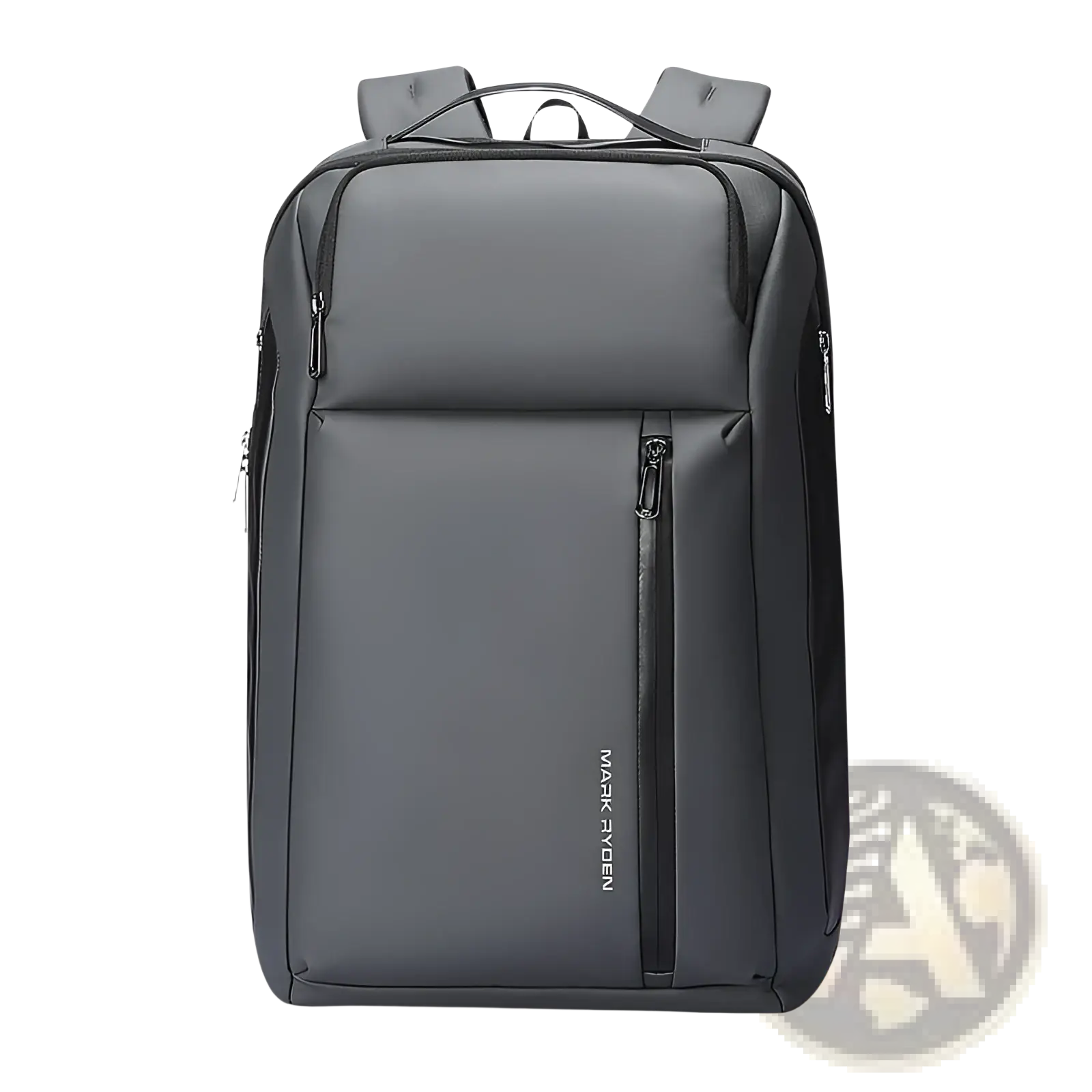 Dark gray sleek oxford laptop business travel backpack with multiple zippered compartments and mark hyden logo