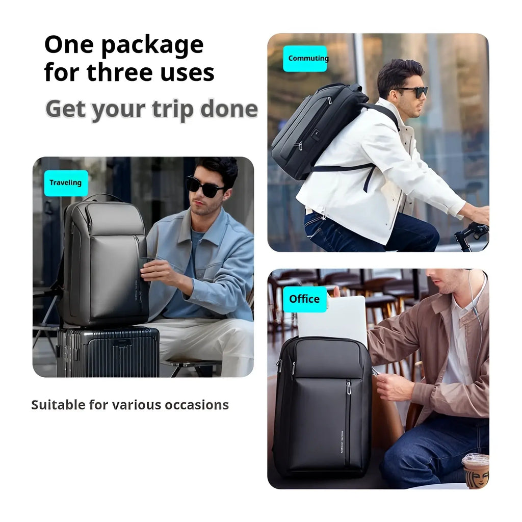 Black sleek oxford laptop backpack with multiple compartments and zippers for business travel use