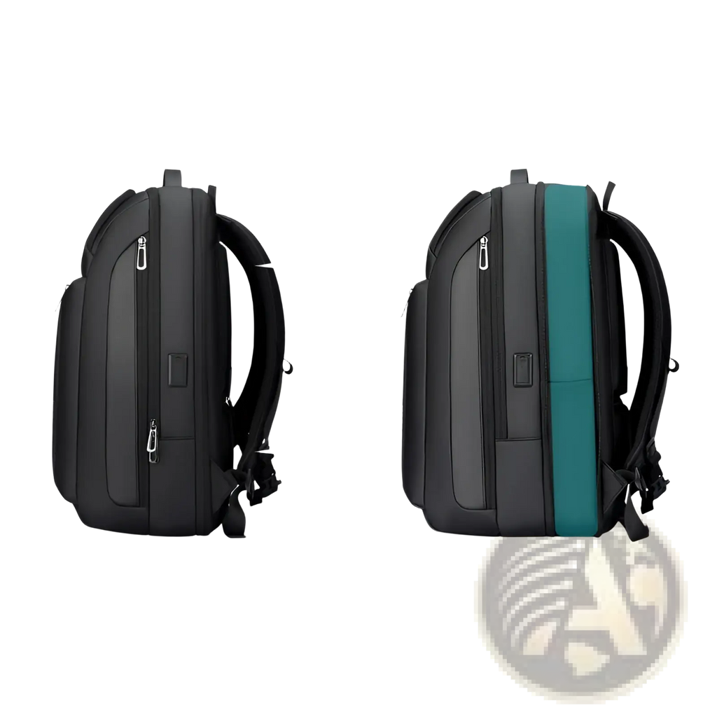 Black and teal 10l scalable business travel backpack with adjustable straps made of sleek oxford for daily commute