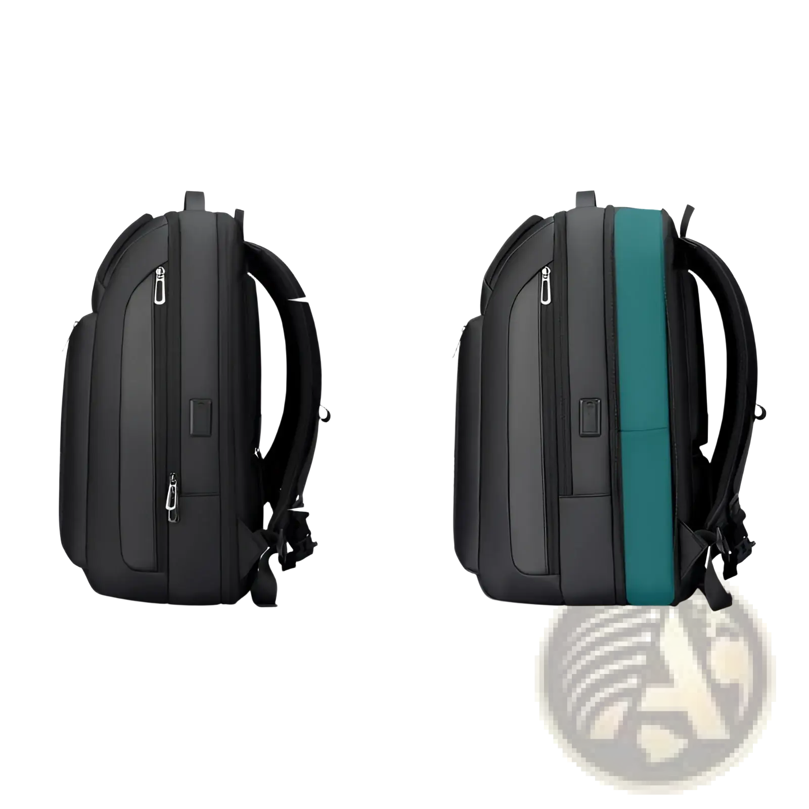 Black and teal 10l scalable business travel backpack with adjustable straps made of sleek oxford for daily commute