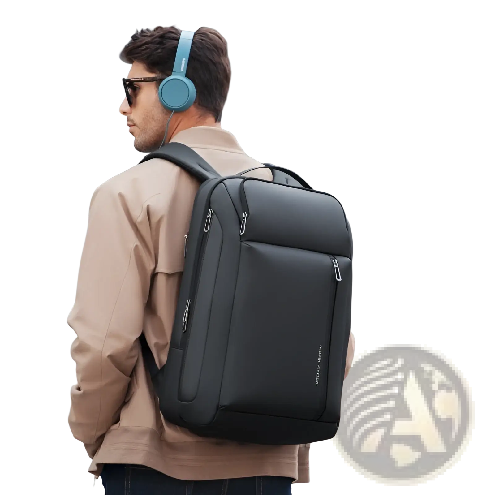 Black nylon business travel backpack with silver zippers and subtle brand logo on the side for laptop storage