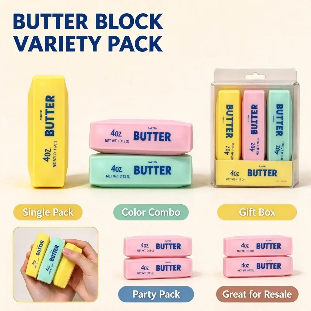 Pastel-colored rectangular butter bar sensory fidget toy blocks with butter printed on each solid form
