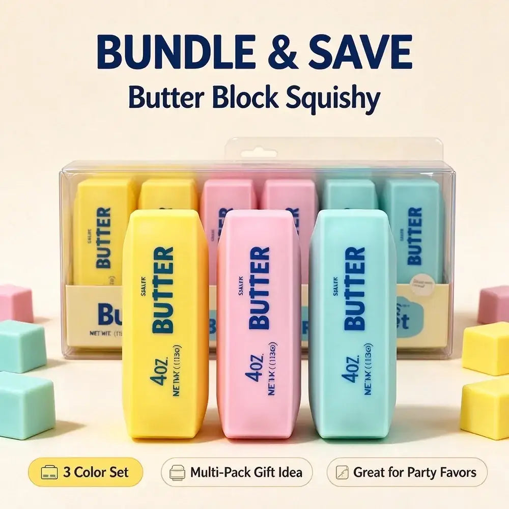 Pastel-colored rectangular butter bar sensory fidget toy squishy erasers in yellow pink and light blue