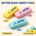 A set of three colorful rectangular sensory fidget toy butter bars in yellow pink and blue for tactile play
