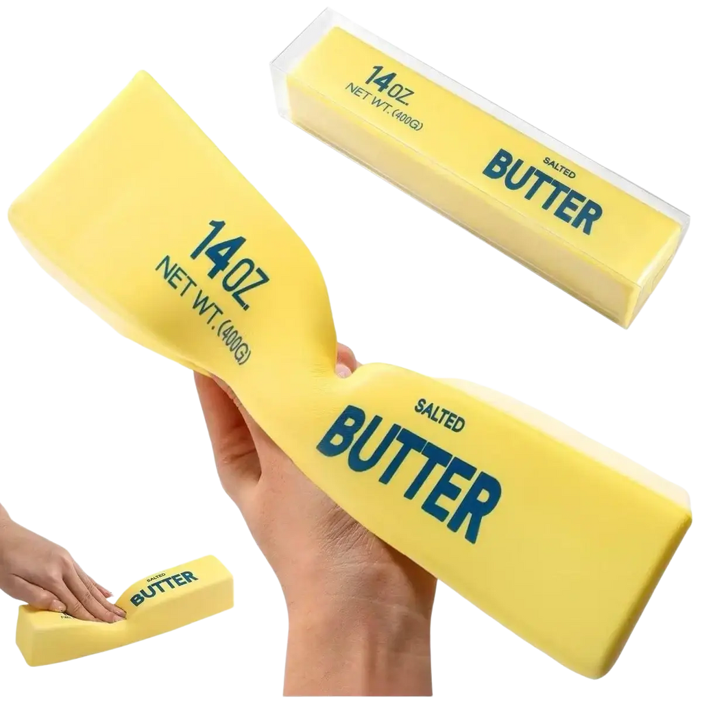 A bright yellow 14 ounce butter slow rising squishy fidget toy with bold blue lettering and smooth plastic surface