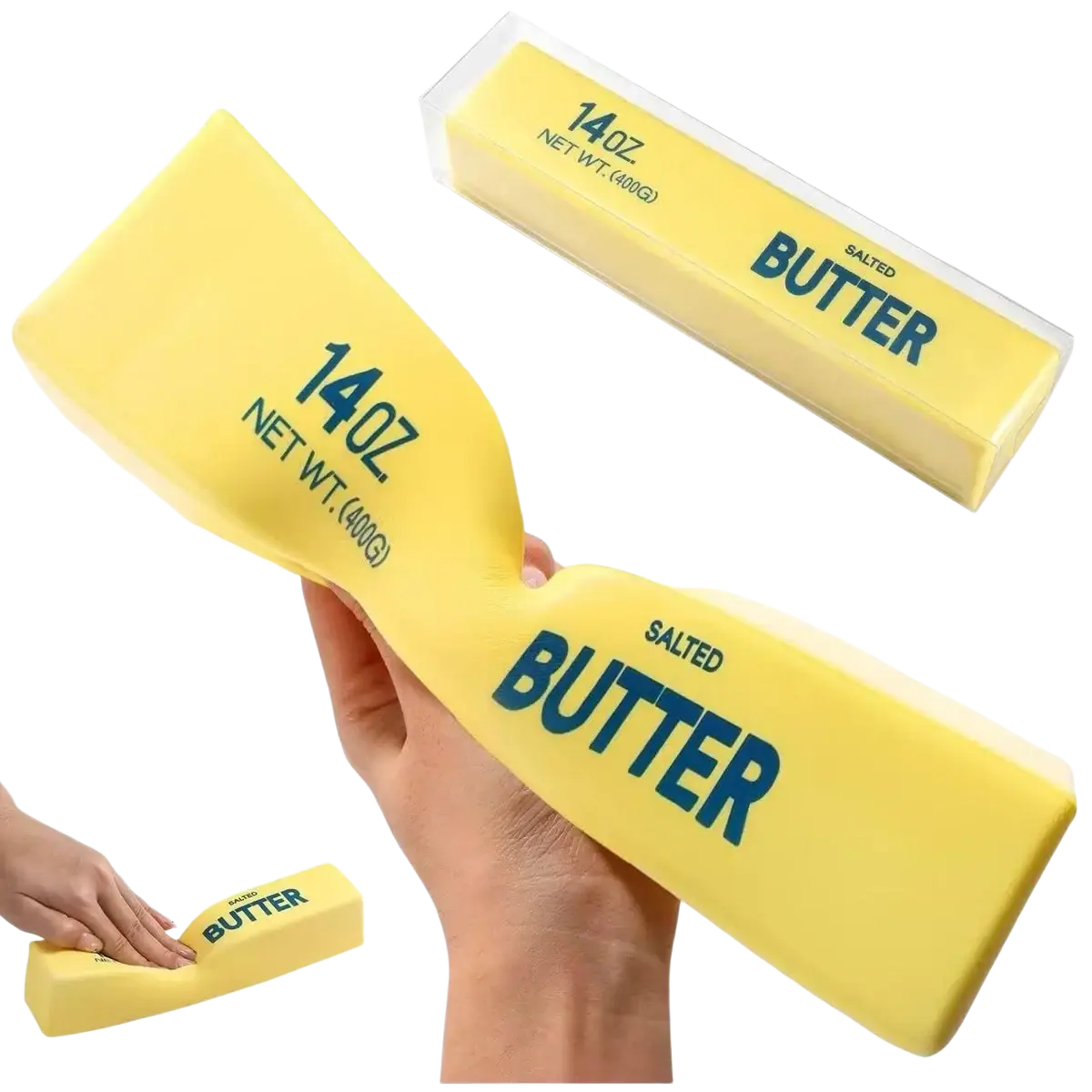 A bright yellow 14 ounce butter slow rising squishy fidget toy with bold blue lettering and smooth plastic surface