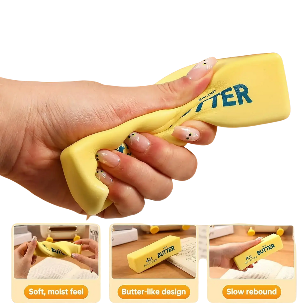 Yellow salted butter-shaped slow rising stress reliever with a soft, squishy texture and slow rebound design