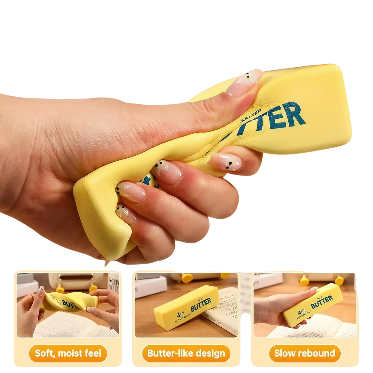 Yellow salted butter-shaped slow rising stress reliever with a soft, squishy texture and slow rebound design