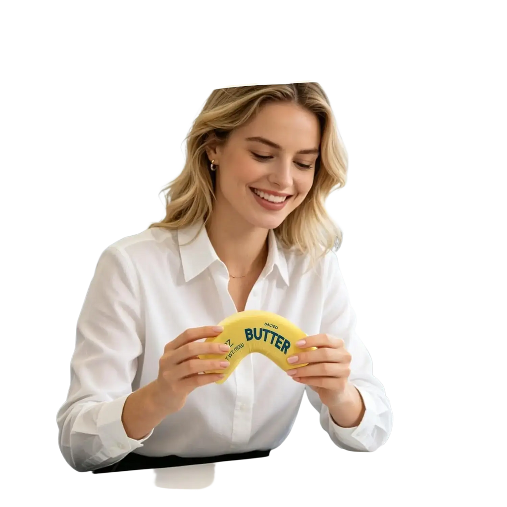 Yellow butter slow rising squishy fidget toy with butter printed in green letters for stress relief