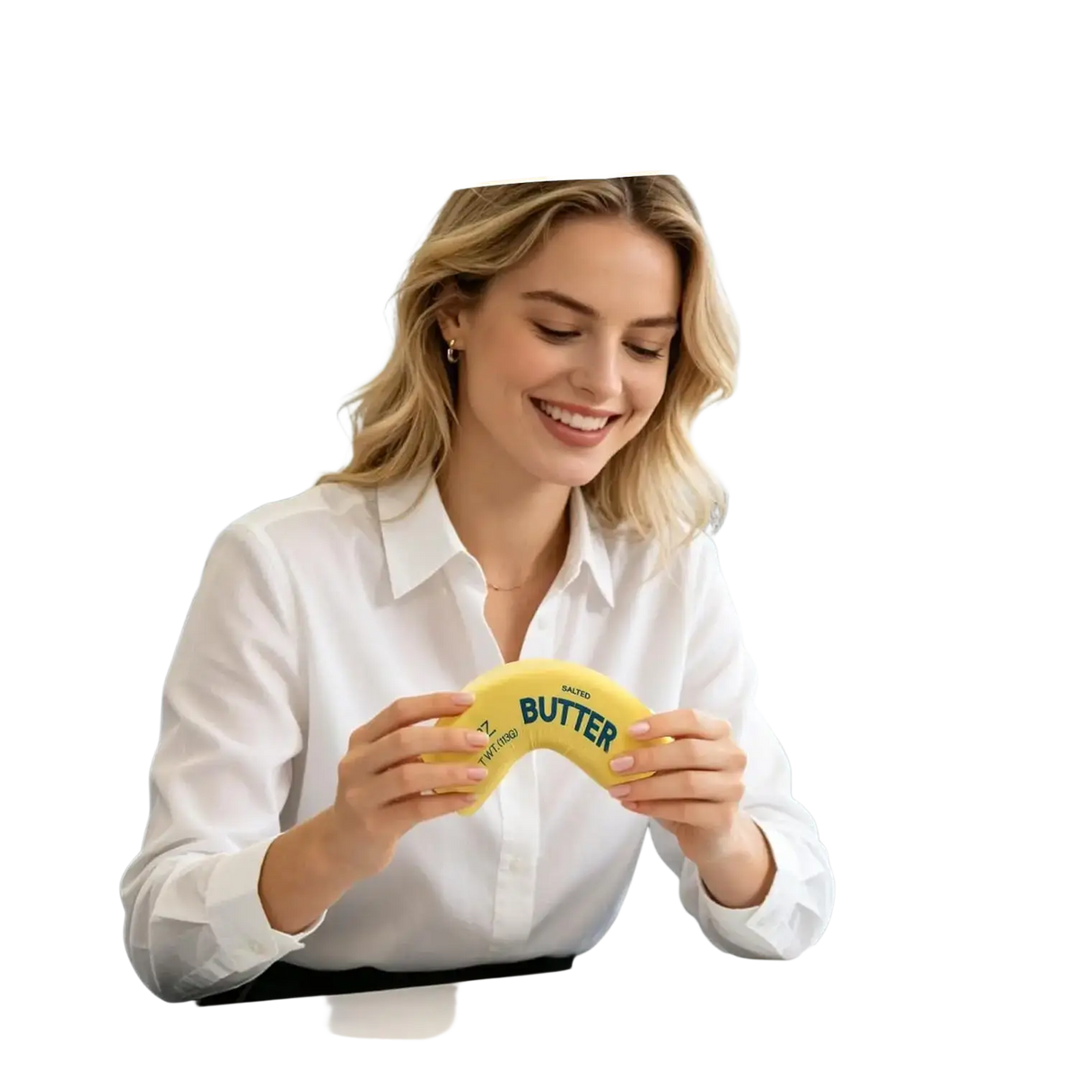 Yellow butter slow rising squishy fidget toy with butter printed in green letters for stress relief