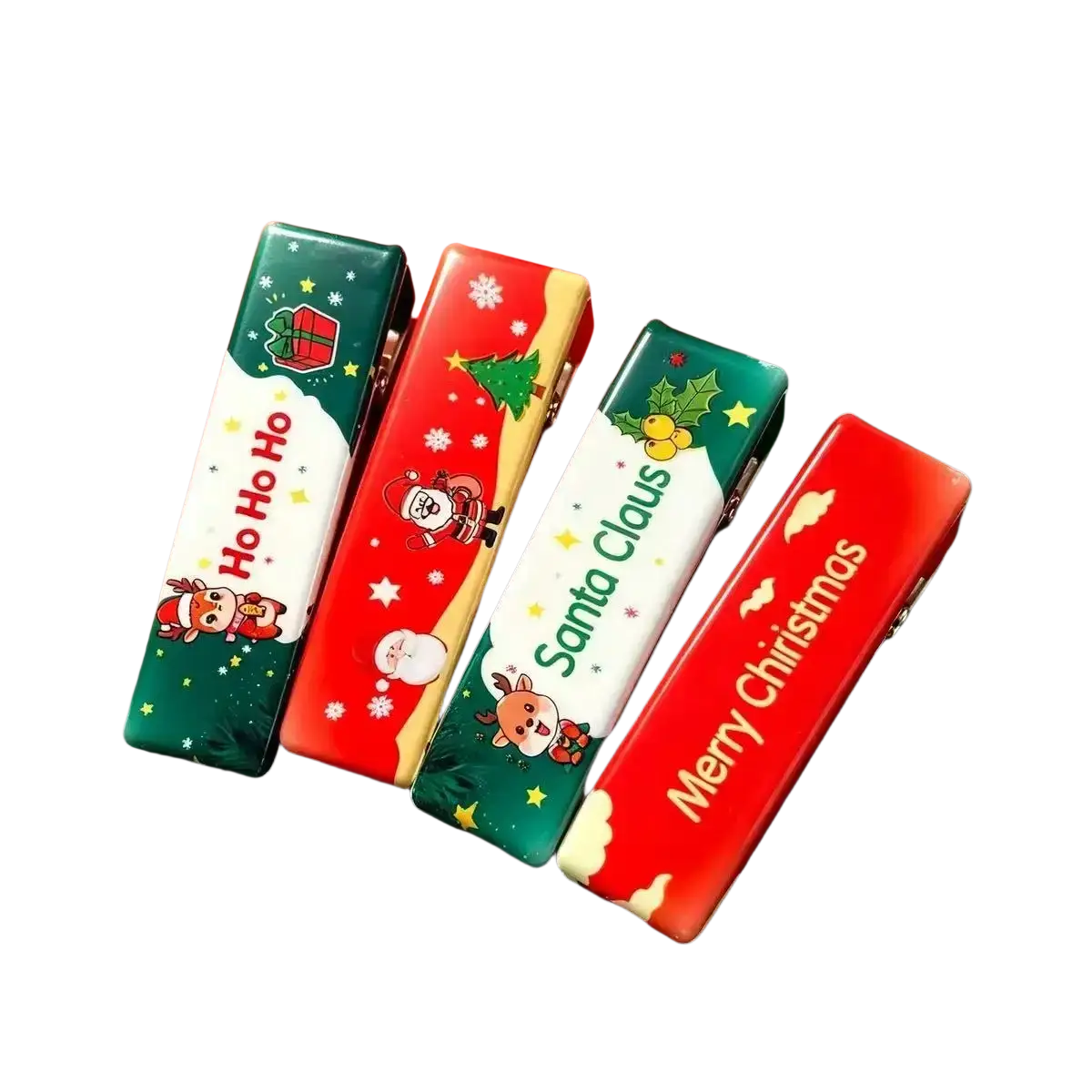 Four festive christmas-themed colorful butter squishy toy slow rising hair clips with holiday text for stress relief