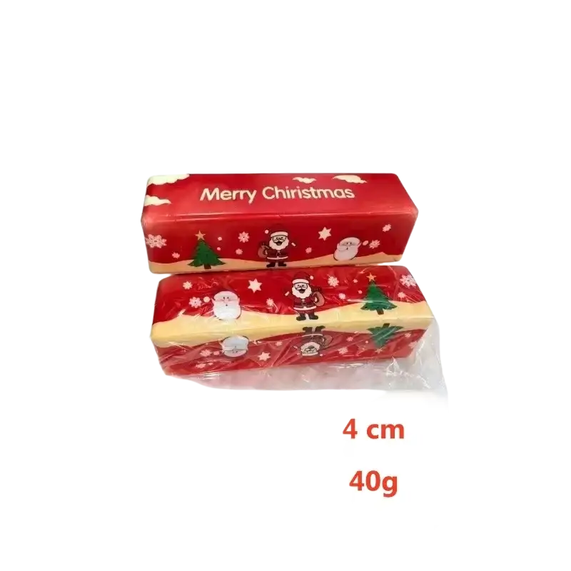 Red and cream christmas-themed butter squishy toy slow rising rolls with santa snowmen and trees for stress relief