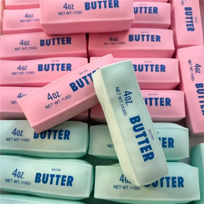 A single pale yellow salted butter stick asmr sensory squishy toy labeled 4oz for stress relief and tactile play