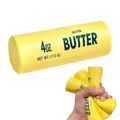 Yellow cylindrical butter stick packaging labeled 4oz for slow rising squeeze toy with salted butter design