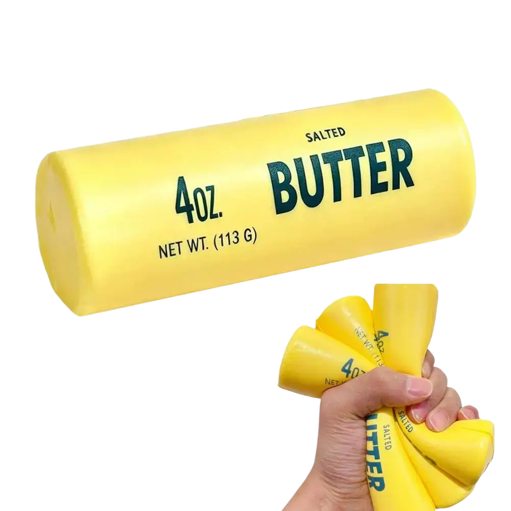 Yellow cylindrical butter stick packaging labeled 4oz for slow rising squeeze toy with salted butter design
