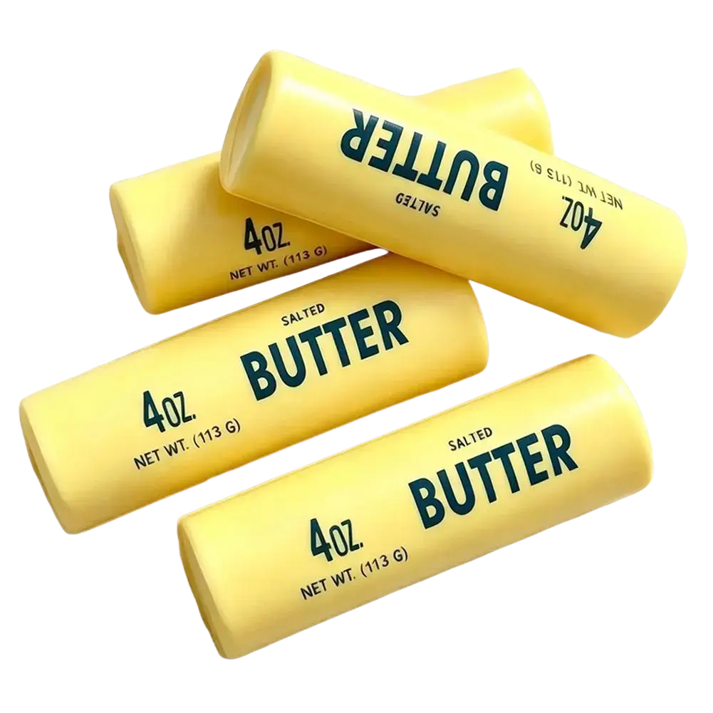 Yellow butter stick slow rising squeeze toy labeled 4oz net weight for stress relief and sensory play