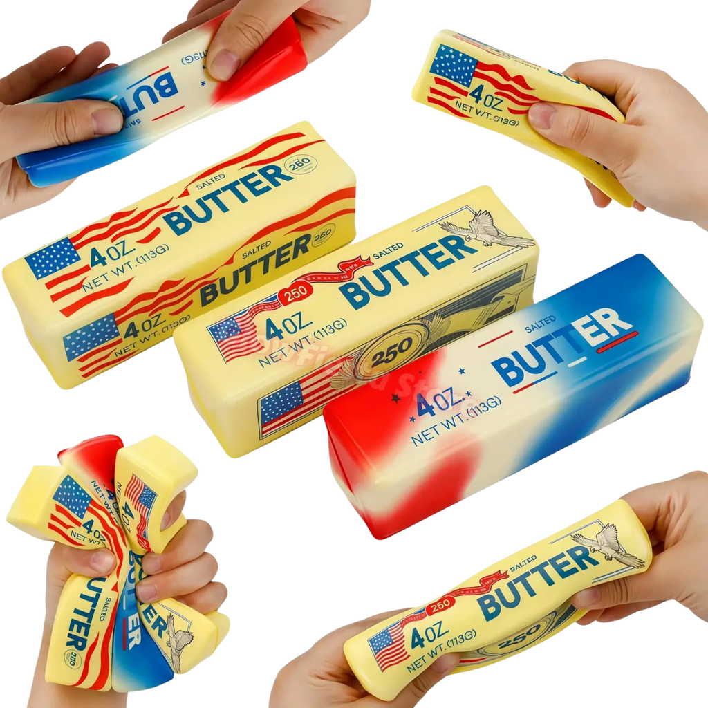American flag-themed butter stick slow rising stress relief toys in yellow red and blue plastic packaging 12-pack