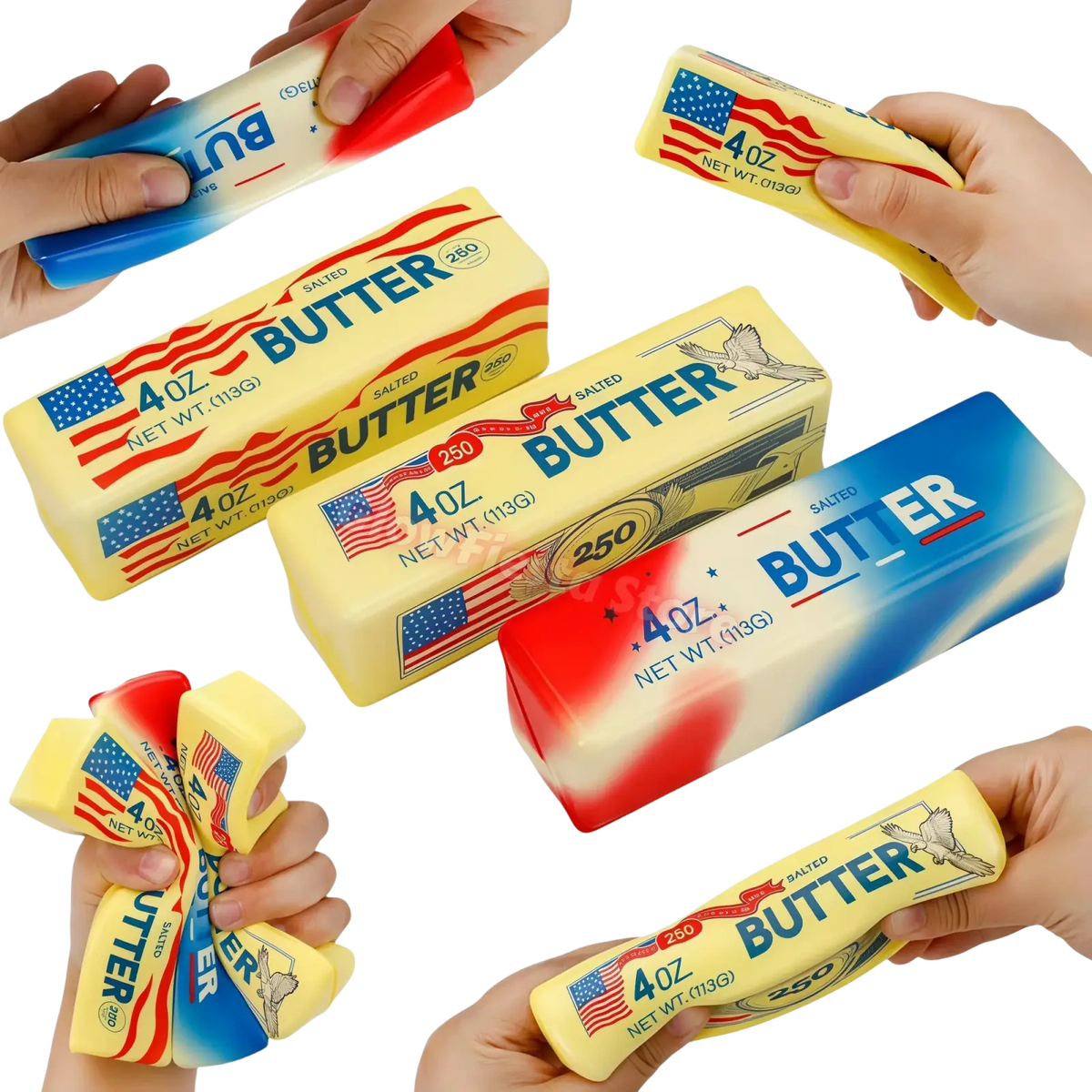 American flag-themed butter stick slow rising stress relief toys in yellow red and blue plastic packaging 12-pack