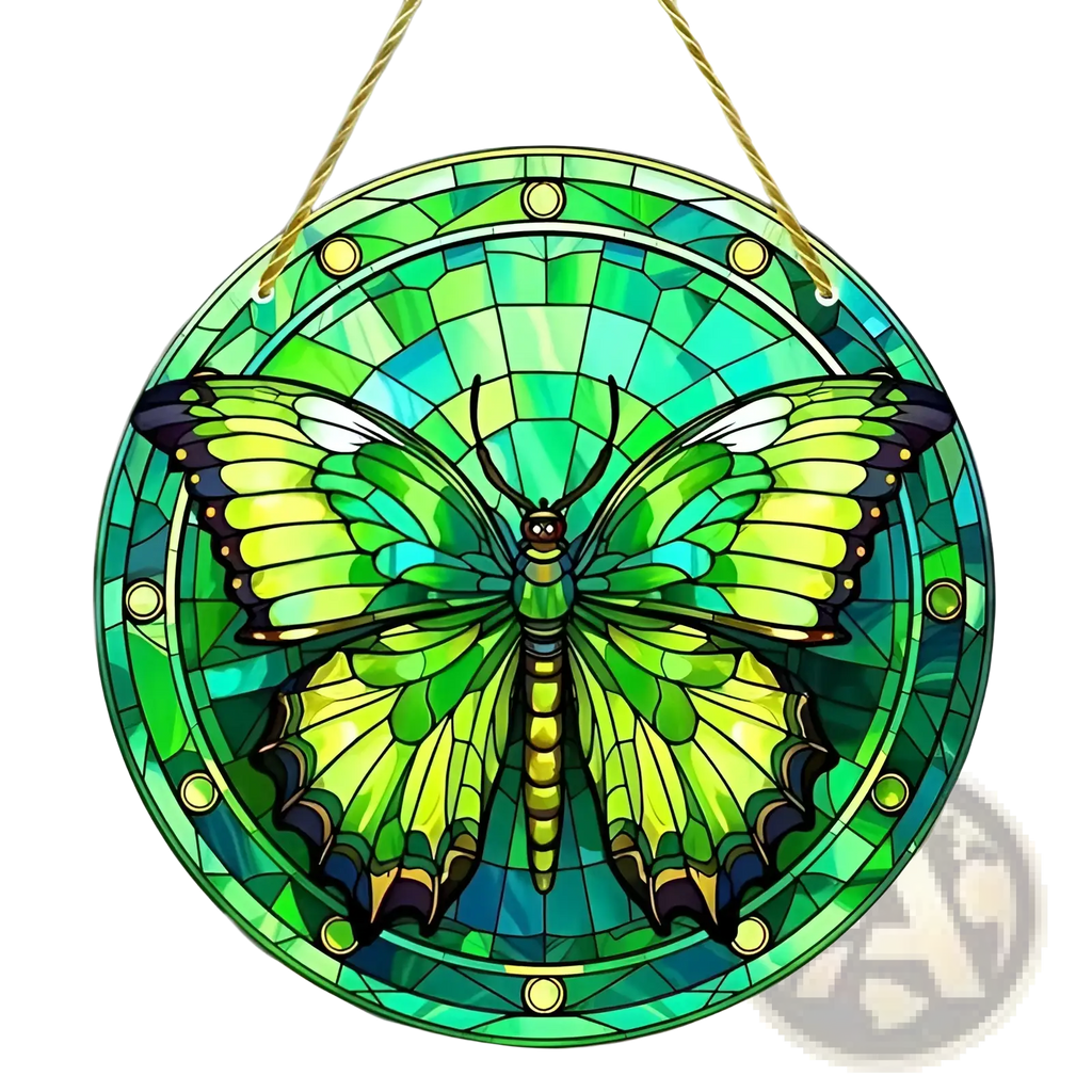A vibrant green stained glass butterfly hanging ornament with intricate mosaic detailing and gold-toned hardware