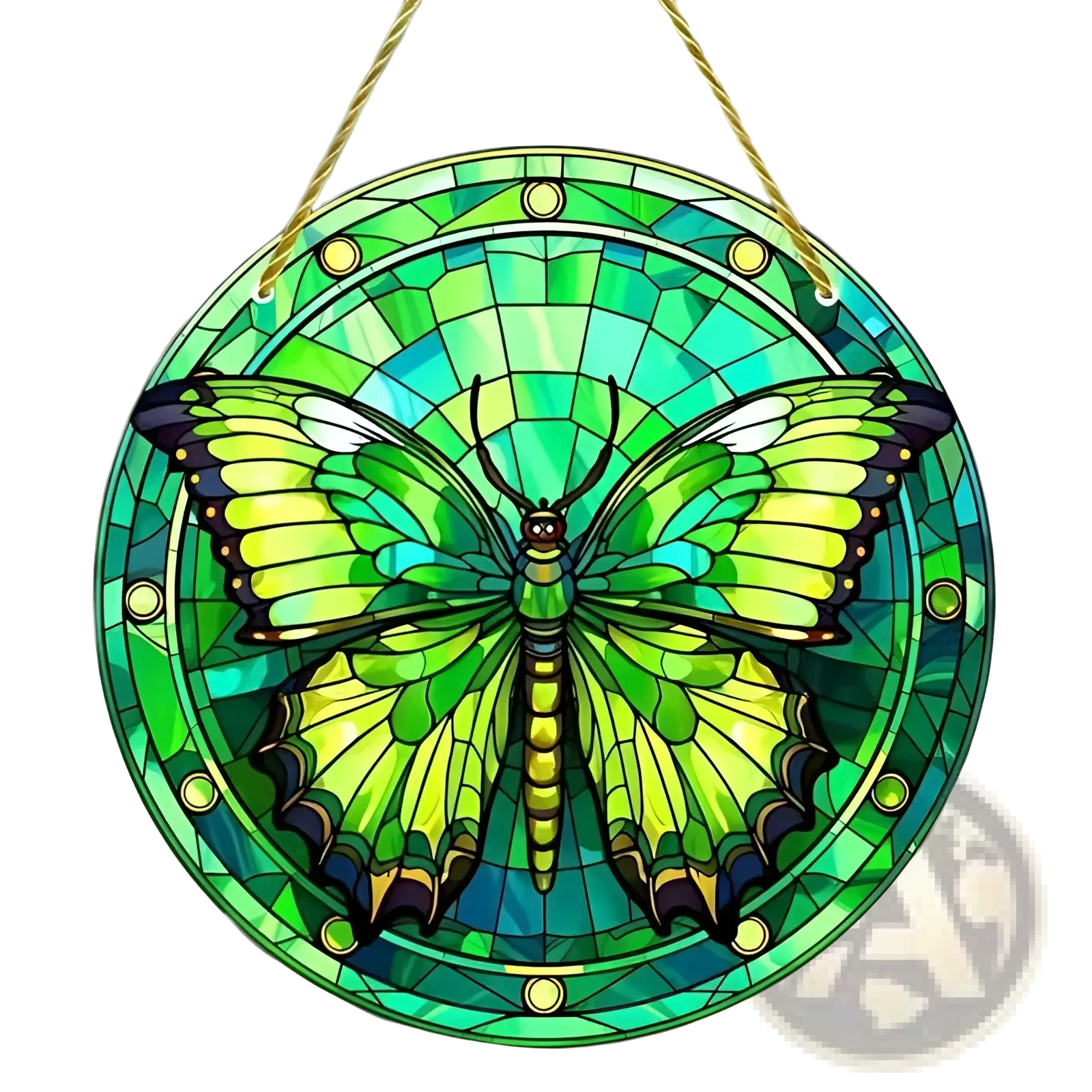 A vibrant green stained glass butterfly hanging ornament with intricate mosaic detailing and gold-toned hardware