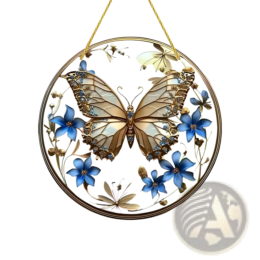 Butterfly acrylic wall art decorative hanging circular ornament with gold butterfly blue flowers and sparkling embellishments