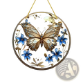 Butterfly acrylic wall art decorative hanging circular ornament with gold butterfly blue flowers and sparkling embellishments