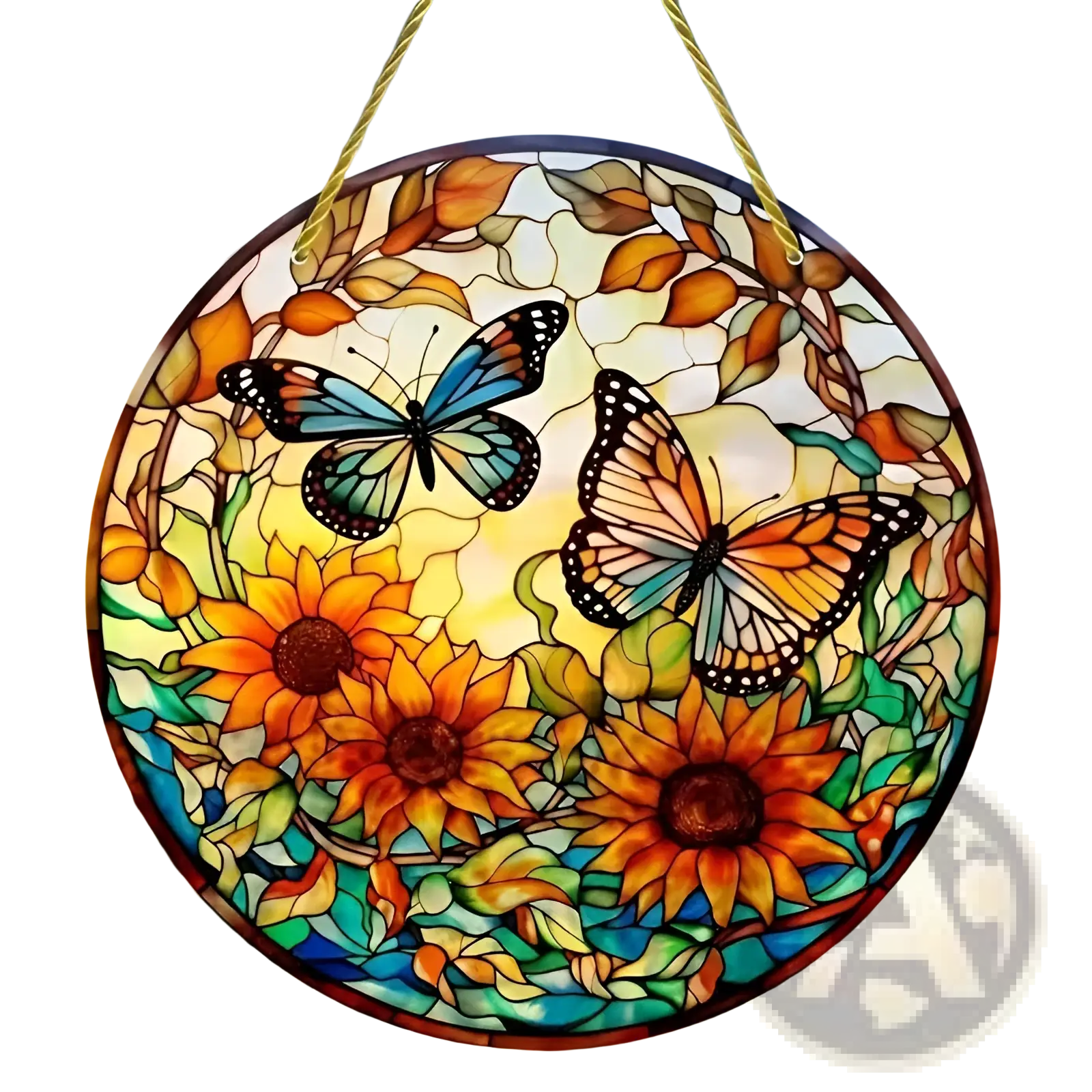 Butterfly acrylic wall art vibrant stained glass sunflower and butterfly circular window hanging with intricate leaded design