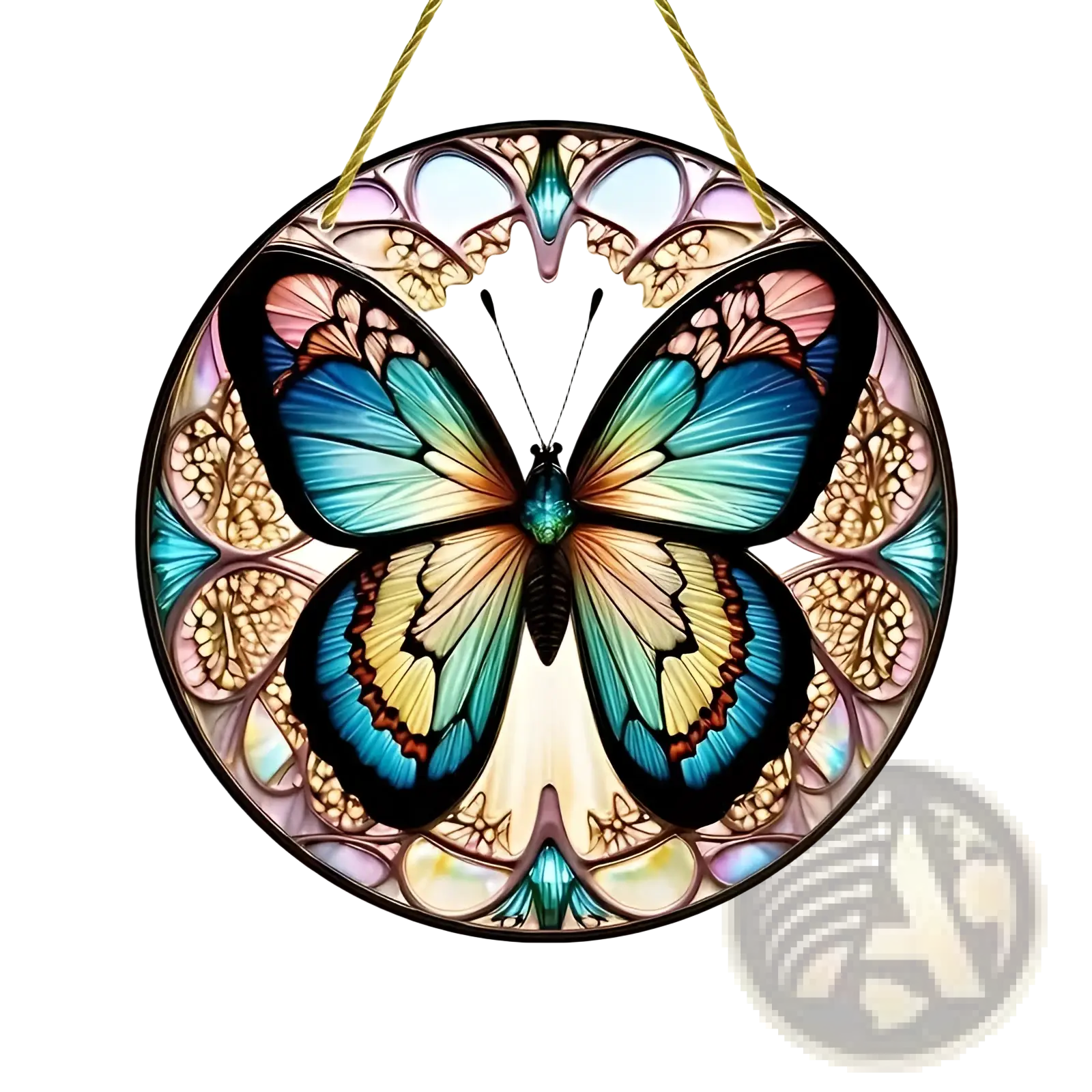 Butterfly acrylic wall art floral hanging decor featuring a circular stained glass butterfly with iridescent blue teal and yellow wings and gold-toned floral frame