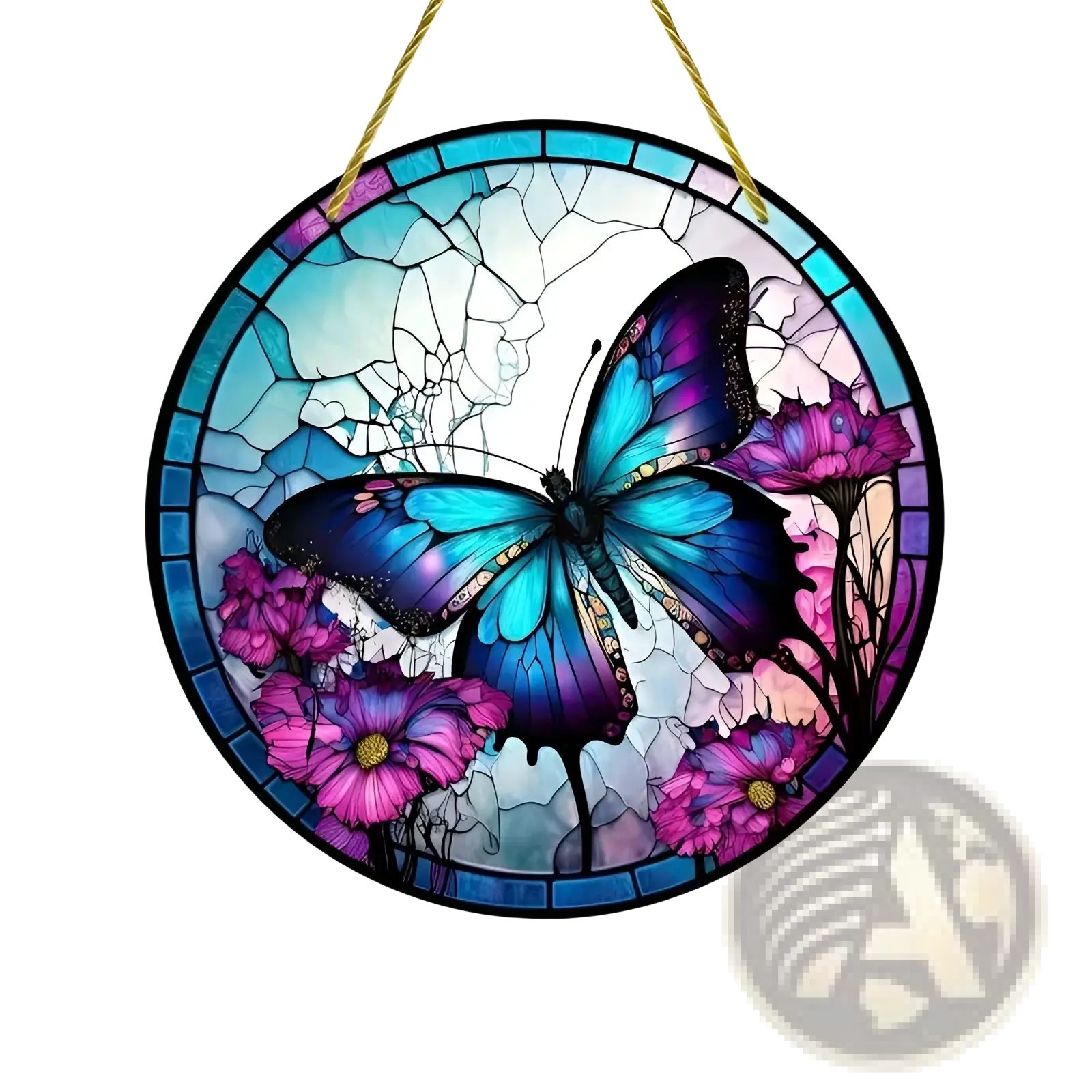 Butterfly acrylic wall art featuring a circular stained glass design with blue and purple butterfly and pink flowers