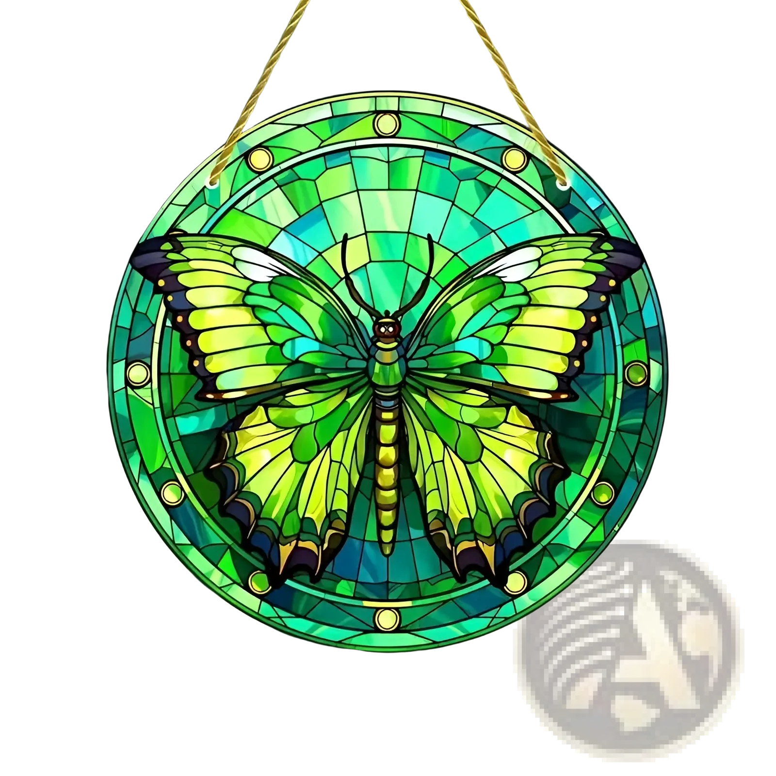 Butterfly acrylic wall art featuring a vibrant green stained glass butterfly with intricate mosaic and gold metal accents