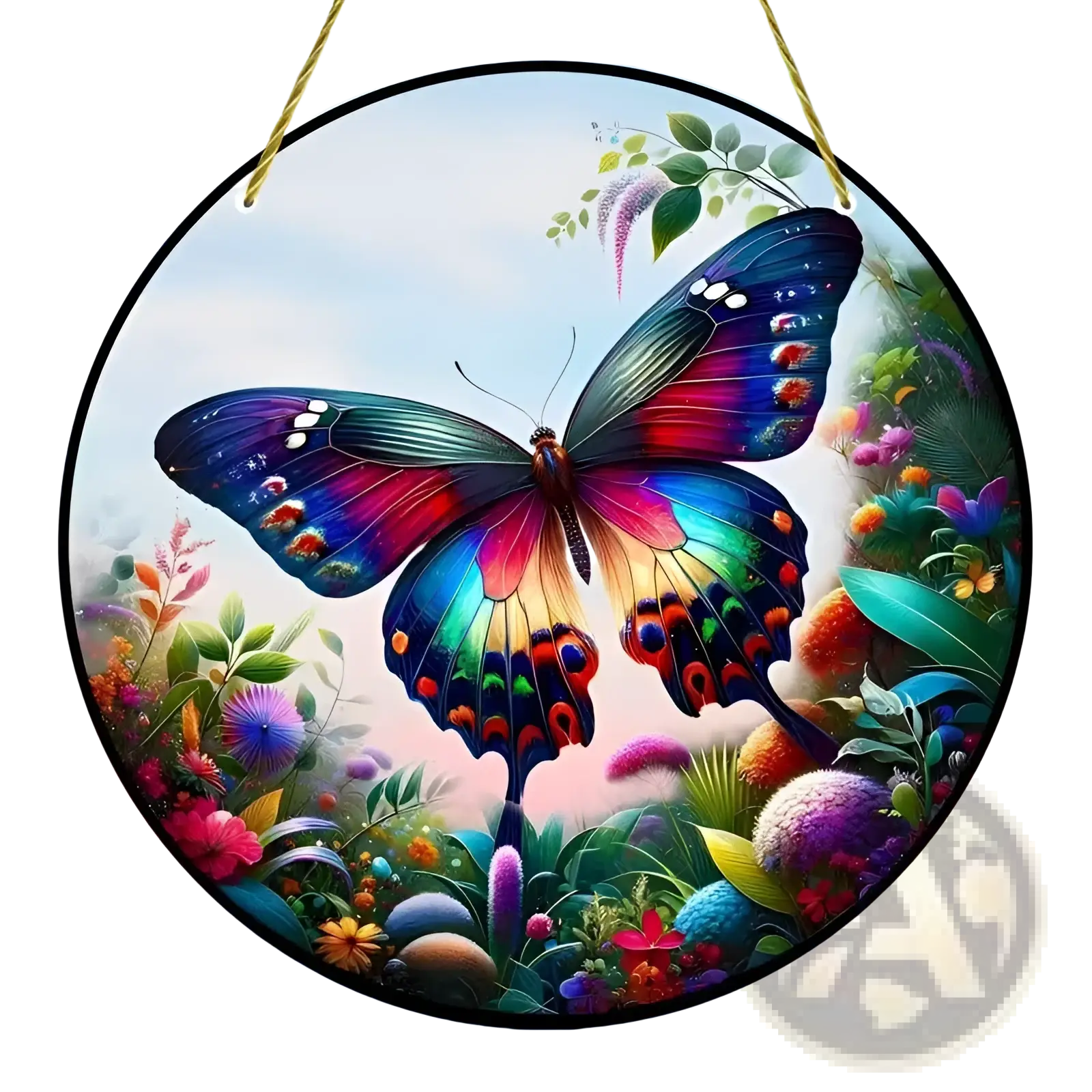 Vibrant iridescent butterfly acrylic wall art with intricate wing patterns surrounded by colorful floral hanging decor