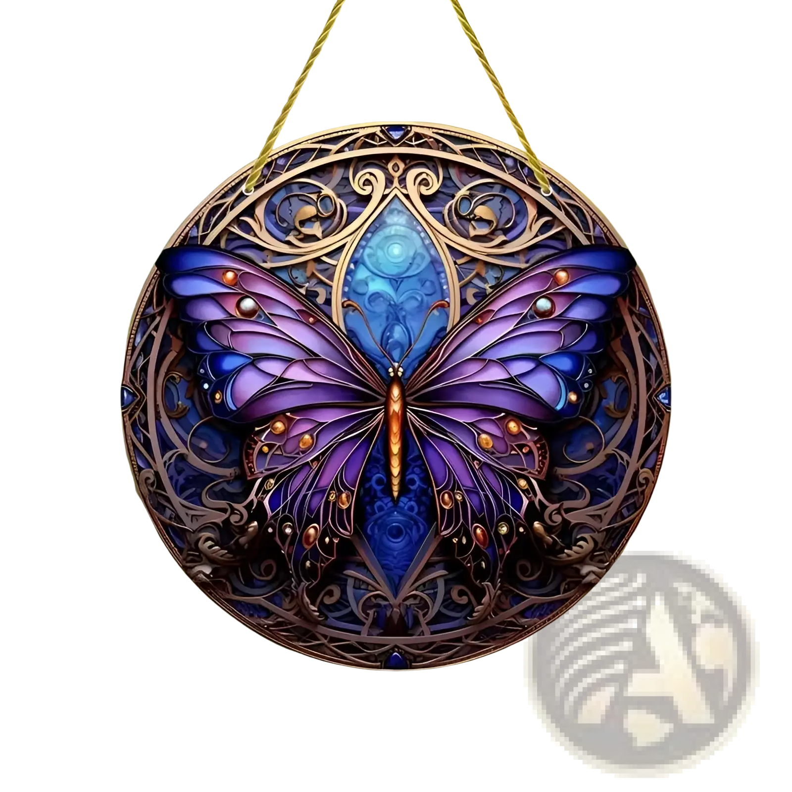 Butterfly acrylic wall art floral hanging decor featuring a circular ornate purple and blue butterfly design with gold accents