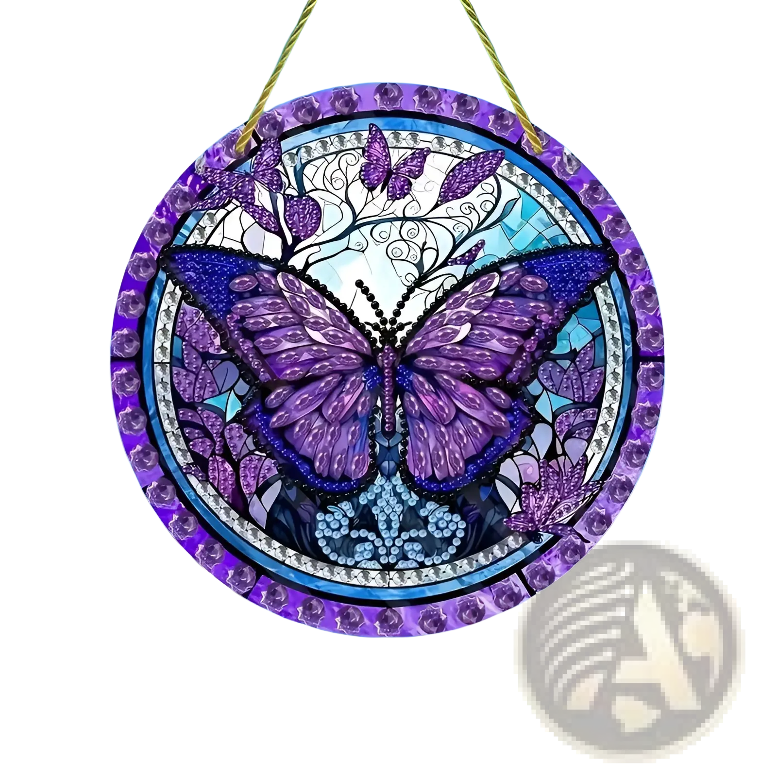 Purple butterfly acrylic wall art featuring stained glass sun catcher design with beaded accents and decorative border hanging decor