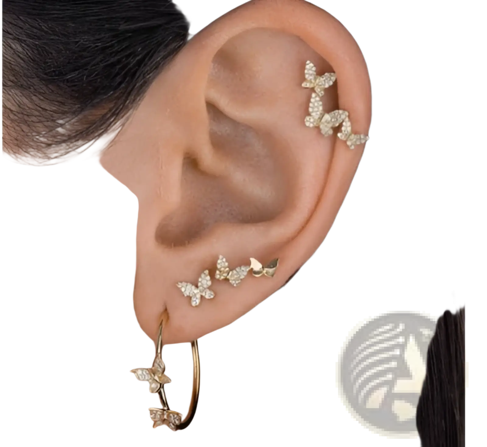Gold-toned butterfly and diamond alloy stud earrings with sparkling clear stones in a delicate intricate pattern