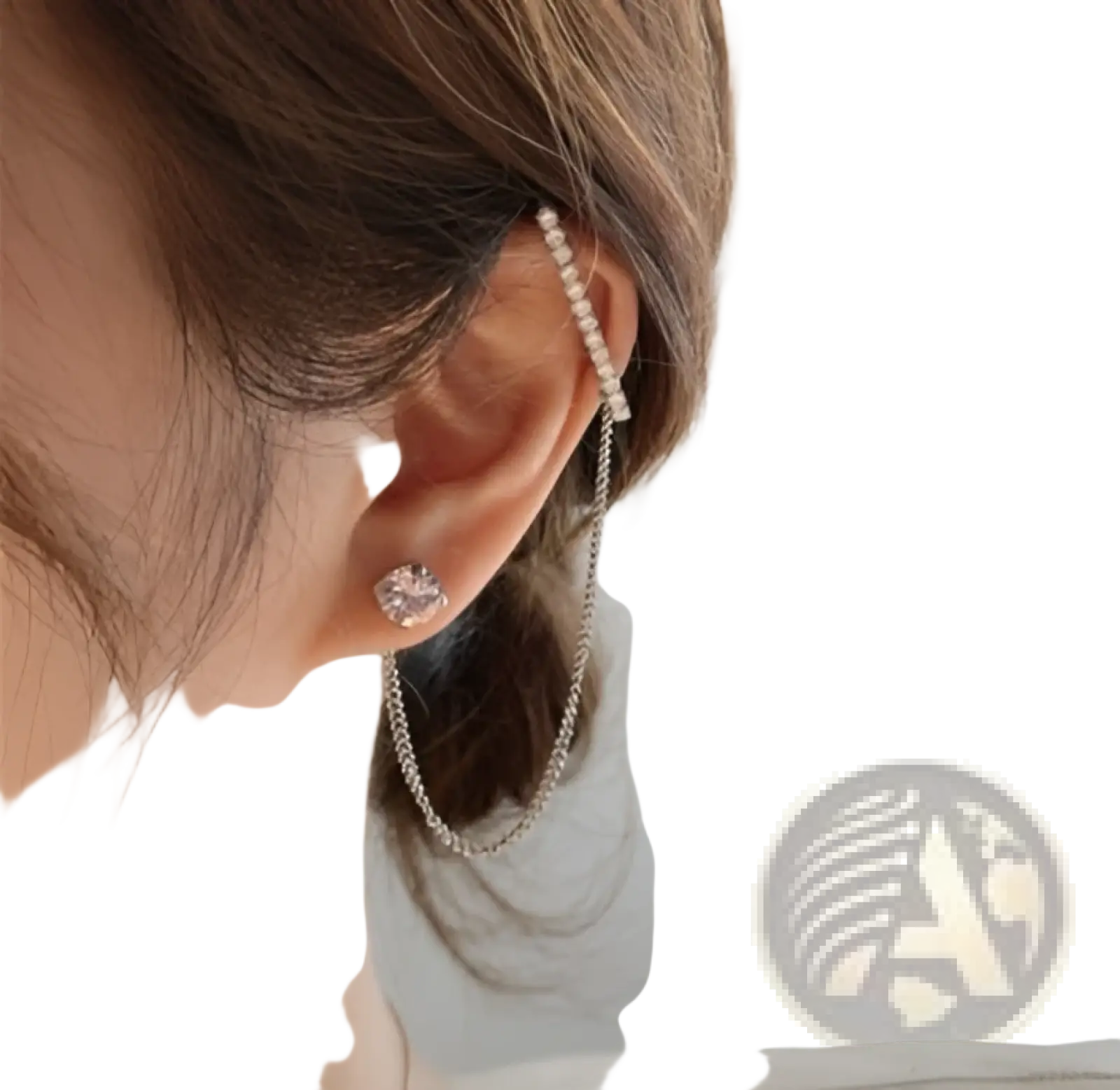 Silver-toned butterfly and diamond alloy ear cuff set with pearls and a dangling chain featuring a faceted crystal stud
