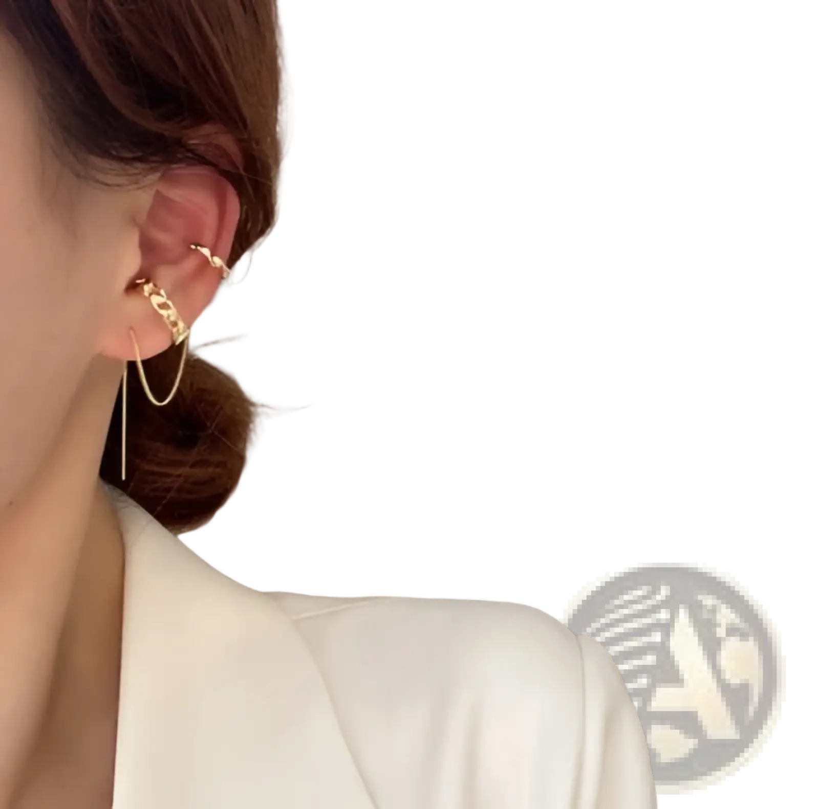 Gold-toned chain ear cuff with a dangling drop element from butterfly and diamond alloy earring and ear cuff set