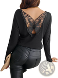 Black ribbed long sleeve top shown from the back with delicate butterfly-shaped lace detail on the upper back
