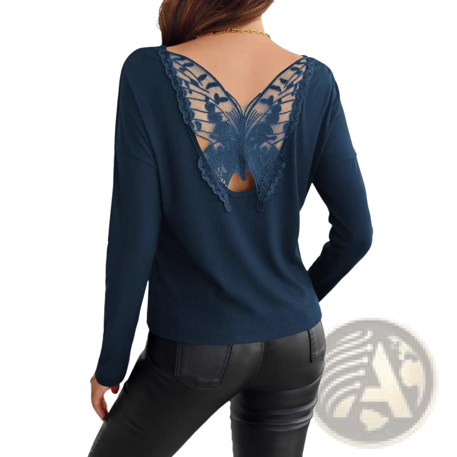 Navy blue ribbed long sleeve sweater shown from the back featuring a detailed butterfly lace design