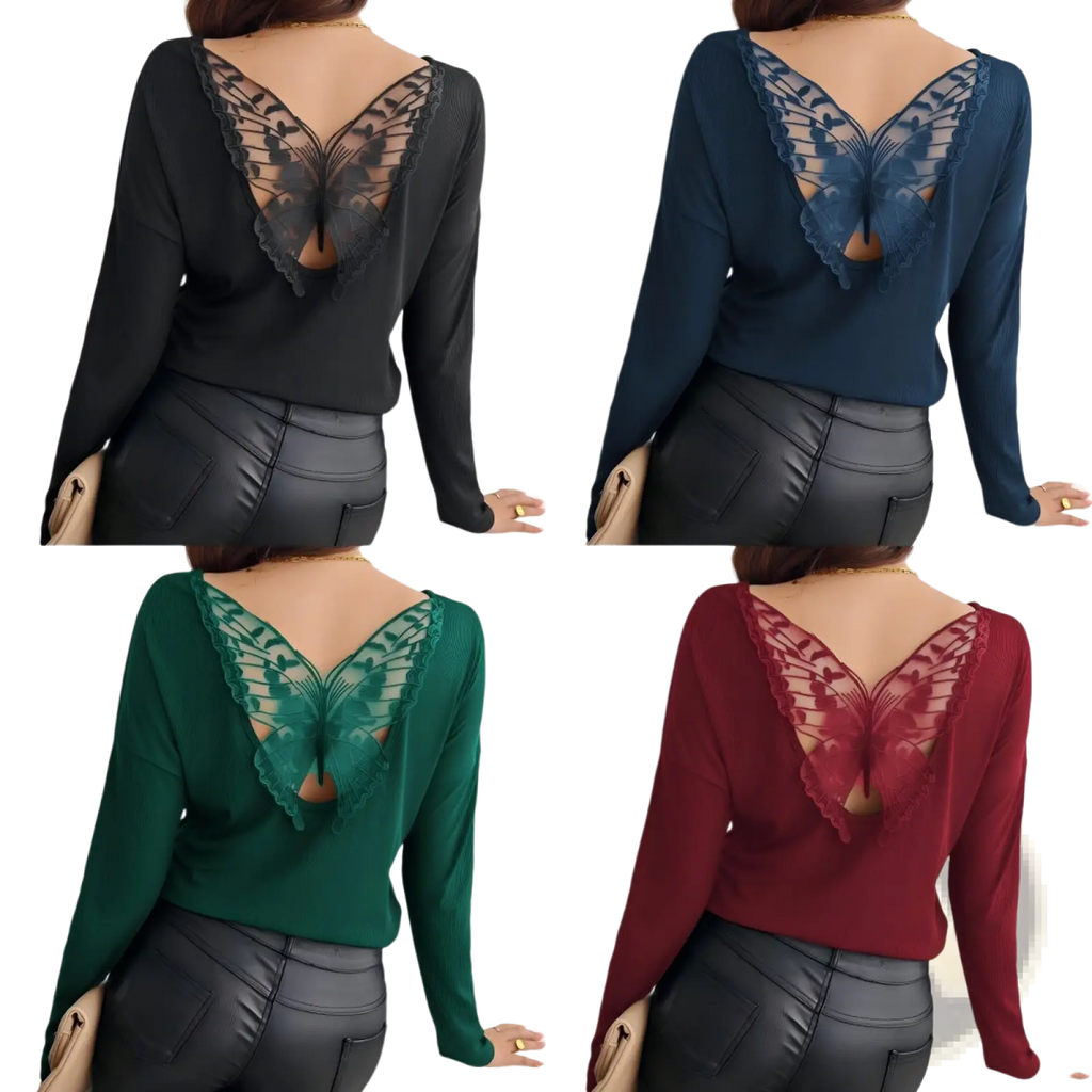 Back view of a butterfly lace back ribbed long sleeve blouse in black navy blue green and red colors