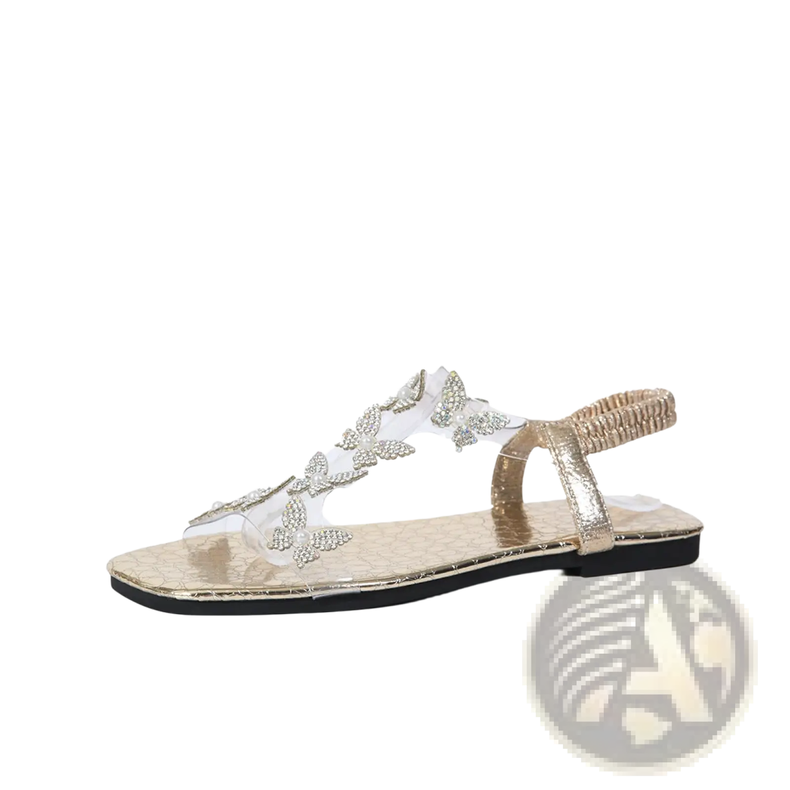 Gold-toned butterfly-embellished transparent sandal with textured insole and metallic heel strap square toe flat shoes